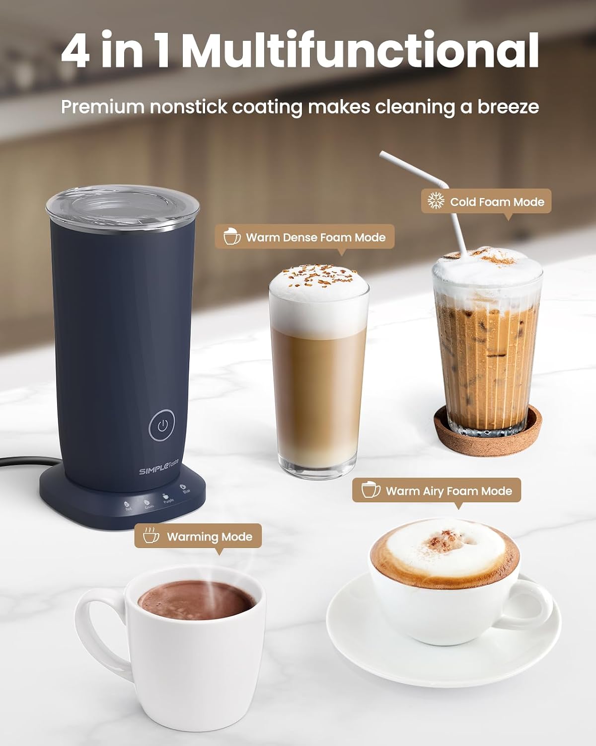 Milk Frother, 4-in-1 Electric Milk Frother and Steamer, Automatic Warm and Cold Foam Maker and Milk Warmer for Latte, Cappuccinos, Dark Blue