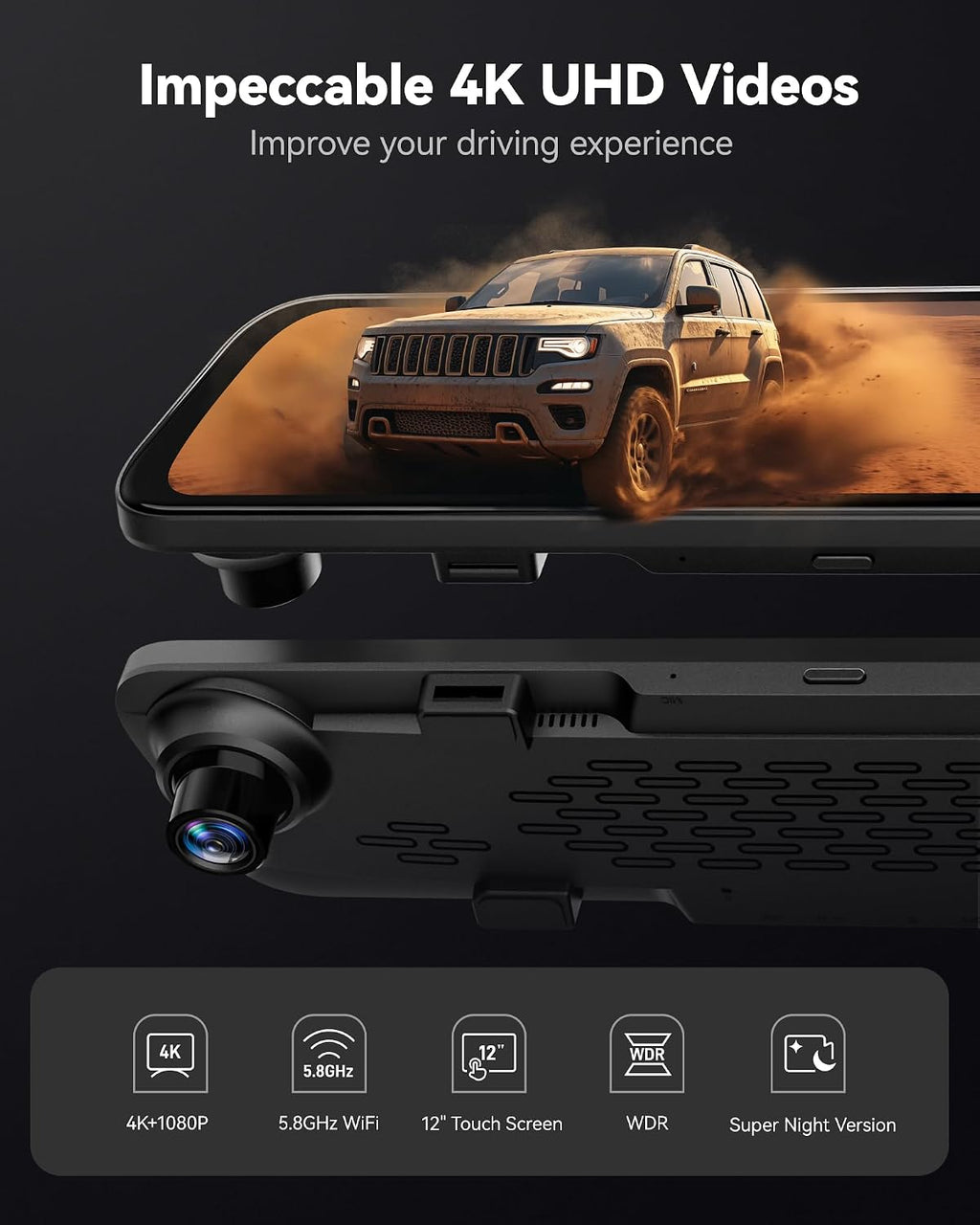G840S 12" 4K Mirror Dash Cam Backup Camera, 5.8GHz WiFi Smart Rearview Mirror for Cars & Trucks, Front and Rear View Dual Cameras, Night Vision, Parking Assistance, Included 32GB Card & GPS