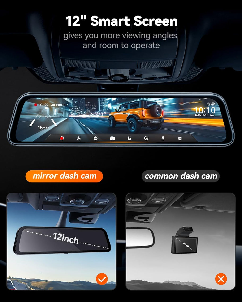 G840S 12" 4K Mirror Dash Cam Backup Camera, 5.8GHz WiFi Smart Rearview Mirror for Cars & Trucks, Front and Rear View Dual Cameras, Night Vision, Parking Assistance, Included 32GB Card & GPS