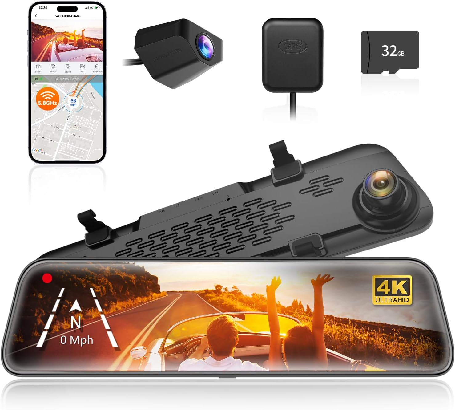 G840S 12" 4K Mirror Dash Cam Backup Camera, 5.8GHz WiFi Smart Rearview Mirror for Cars & Trucks, Front and Rear View Dual Cameras, Night Vision, Parking Assistance, Included 32GB Card & GPS